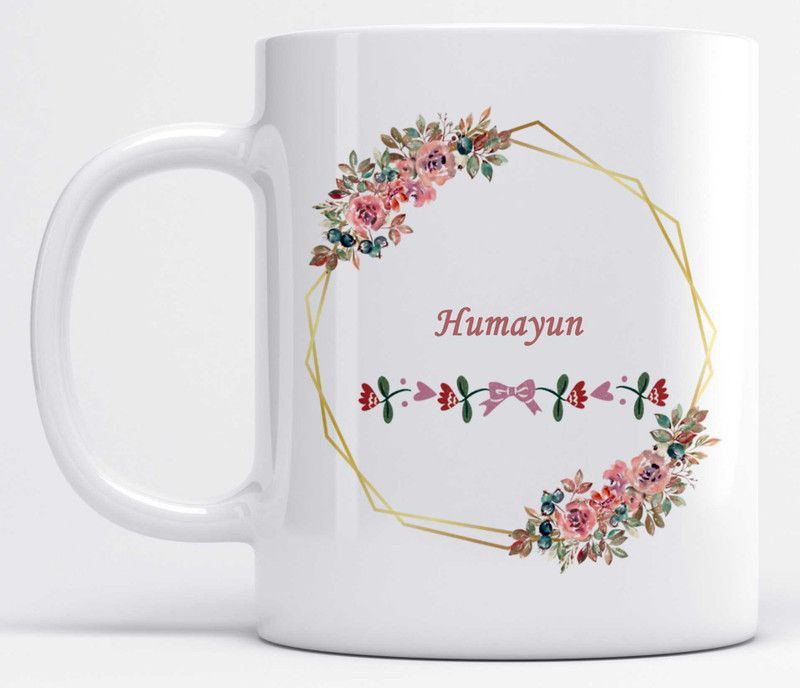 Name Humayun Printed Pink Floral Design White Ceramic Coffee Mug  (350 ml)