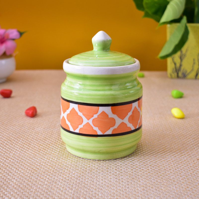 Kunhar Ceramic Pickle Jar - 600 ml  (Green, Orange)
