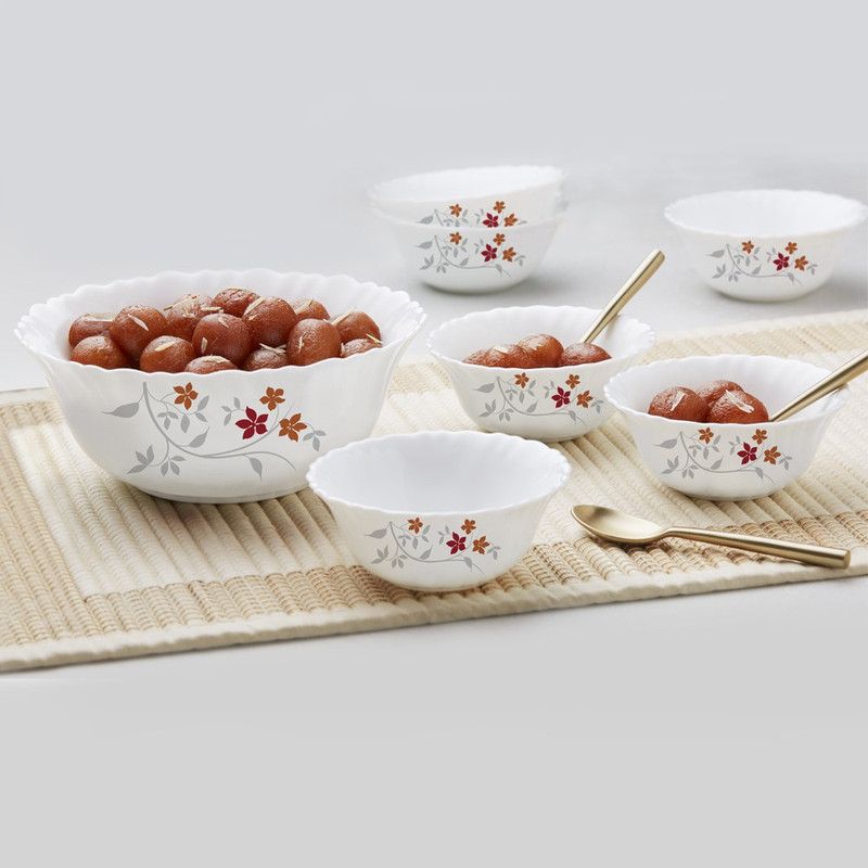 Larah by Borosil Opalware Dessert Bowl Rosalie  (Pack of 7, White)