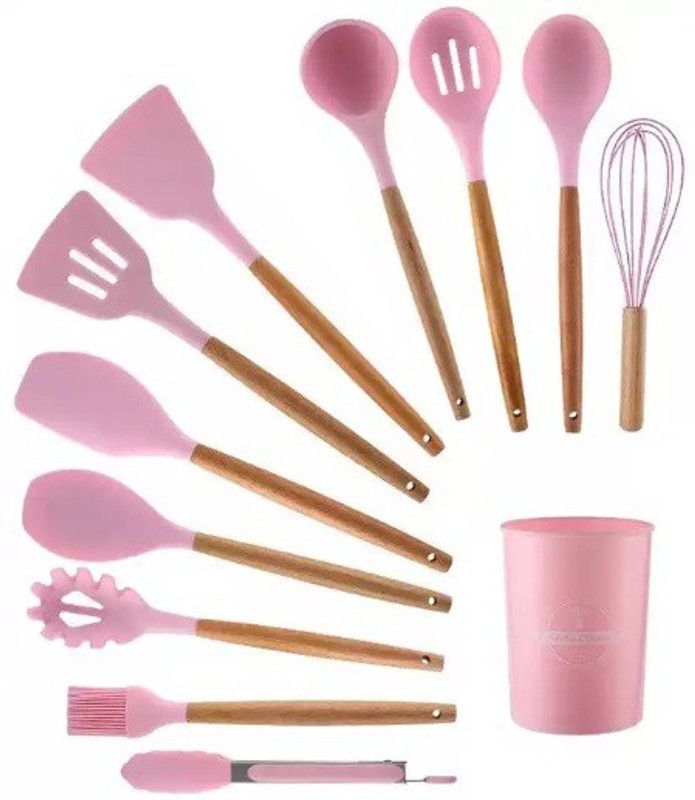 HALO NATION Silicon Spatula Set Cooking Spoon Kitchen Utensils Non-Stick Cooking Tools Silicon Spatula Set Cooking Spoon Kitchen Utensils Cooking Set Spatulas Holder Pink Kitchen Tool Set  (Pink, Cooking Spoon, Tong, Spatula, Brush, Whisk, Ladle)