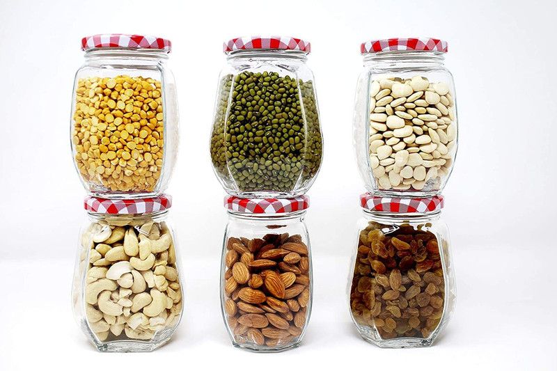 Sv Enterprise SV GLASS CROWN JAR RED CHECKS 6 - 200 ml Glass Grocery Container  (Pack of 6, Clear)