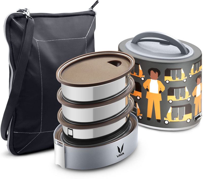 Vaya Tyffyn Lyte - 1000 ml (One 400 ml + Two 300 ml Containers) - Super Auto Tiffin Box with Bagmat - Polished Stainless Steel - 3 Containers Lunch Box  (1000 ml, Thermoware)