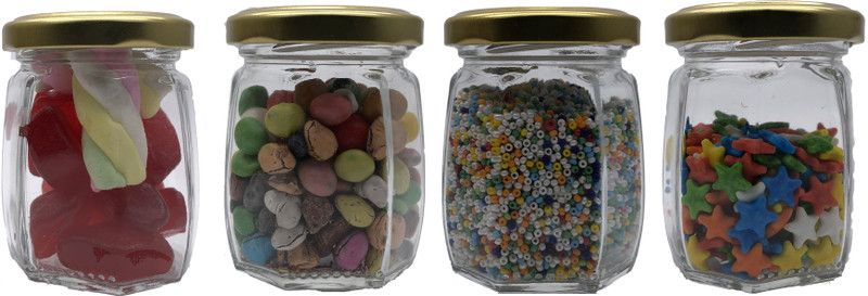 Growth Alley Hexagon Shape Glass Storage Jar with airtight Gold lid  - 120 ml Glass Grocery Container  (Pack of 4, Clear)