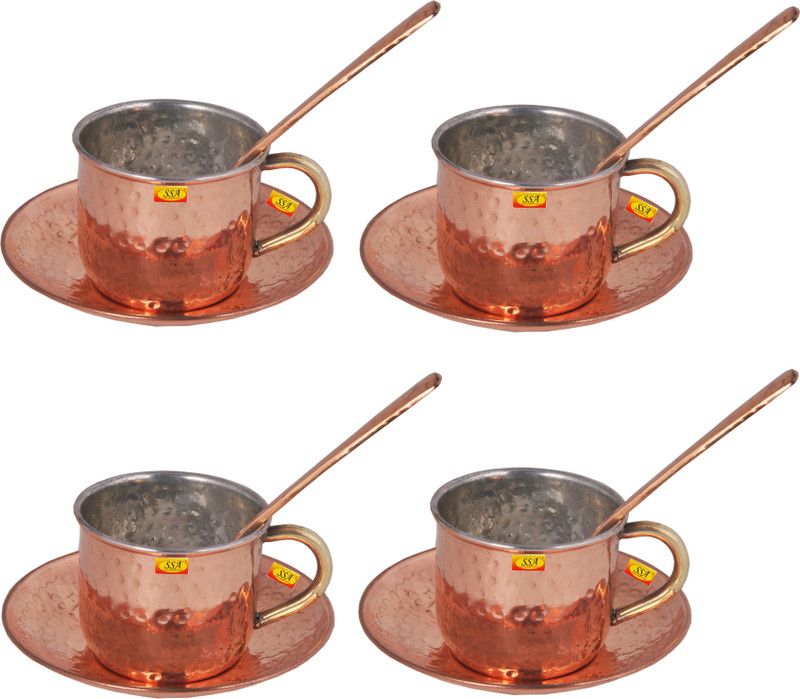 Shivshakti Arts Pack of 12 Copper Pure Copper Cup & Saucer With Spoon Hammered Design 4pc Set (150 ml)  (Brown, Cup and Saucer Set)
