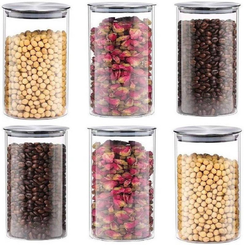 Growth Alley Round Shape Glass Storage Jar with Airtight Silver Lid - 900 ml Glass Grocery Container  (Pack of 6, Clear)
