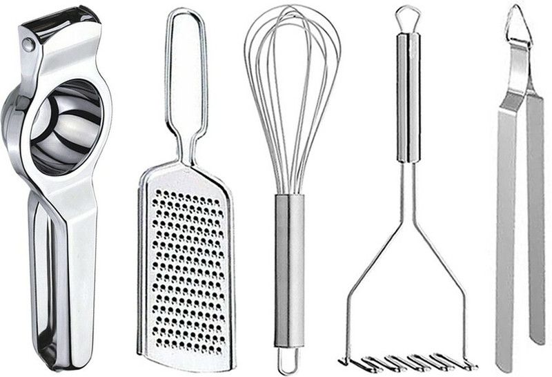 ktc Stainless Steel Lemon Squeezer & Grater & Egg Whisk & Potato Masher & Chimta Kitchen Tool Set  (Silver)