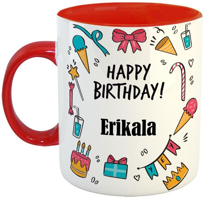 Furnish Fantasy Best Personalised Gift for Birthday, Red, Name - Erikala Ceramic Coffee Mug  (350 ml)