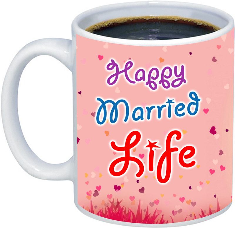ADITI Designs Happy Married Life on Pink Love Background Theme Ceramic Coffee Mug  (350 ml)