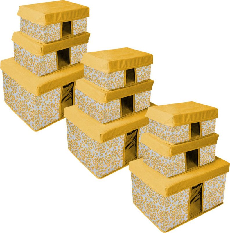 PrettyKrafts Polyester Storage Combo Pack of 9,Yellow/Organizer/Storage Box/Toys Storage Box Storage Basket  (Pack of 3)
