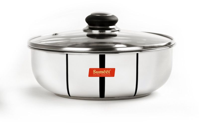 Sumeet Stainless Steel Encapsulated Bottom Induction and Gas Stove Friendly Tasra with Glass Lid - (1.5Ltr - 20cm), Silver with Lid 1.5 L capacity 20 cm diameter  (Stainless Steel, Induction Bottom)