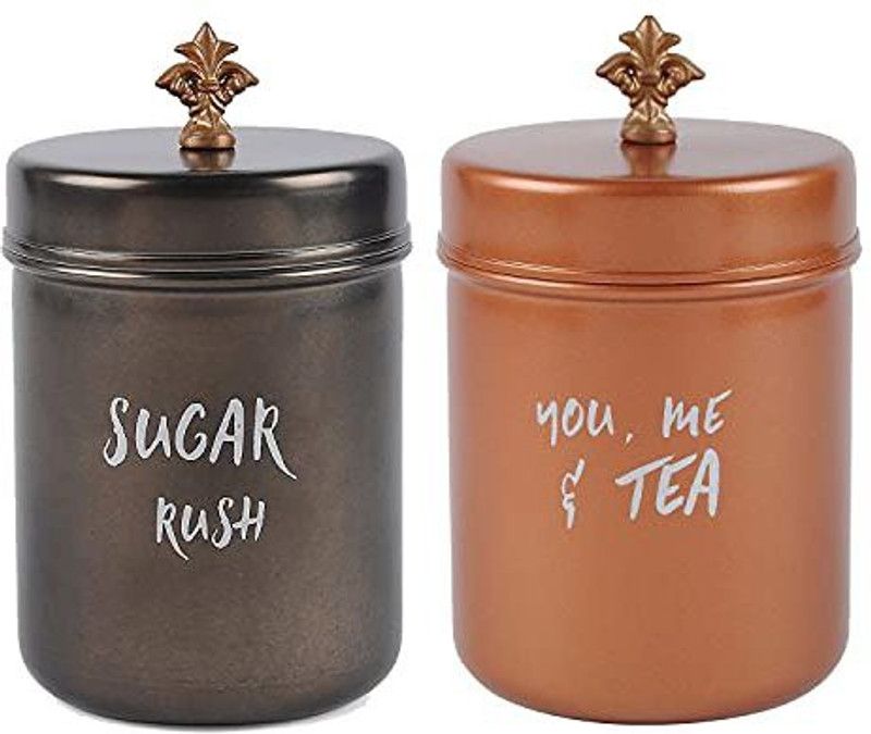 Elan Elan Stainless Steel Tea Sugar 500ml Round Storage Canister,Set of 2 - (Rose Gold & Black - 500 ml Steel Grocery Container  (Pack of 2, Black, Gold)