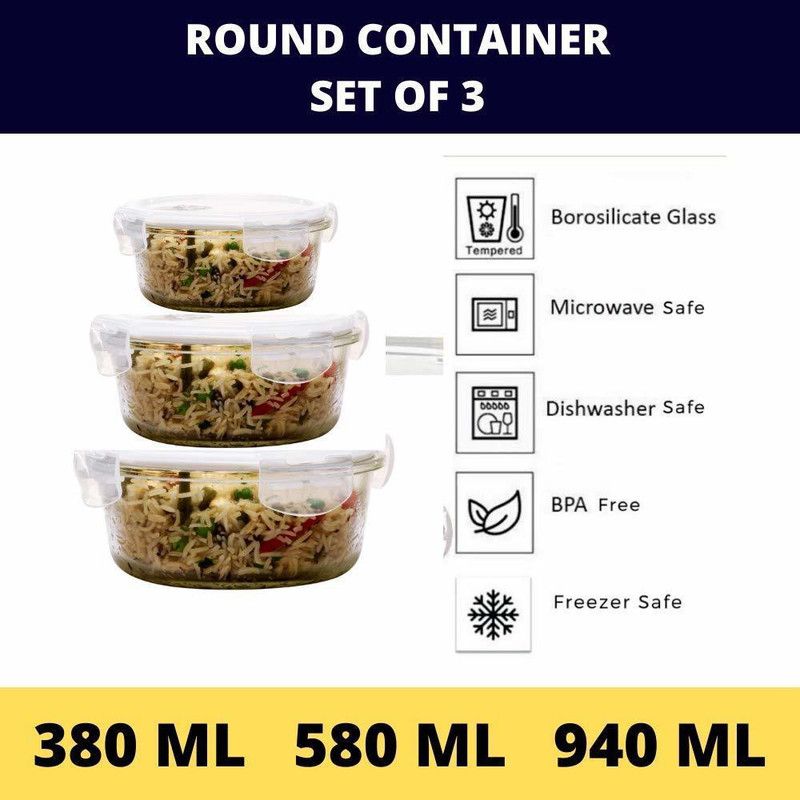 Femora Borosilicate Glass Round Microwave Safe - 580 ml, 380 ml, 940 ml Glass Fridge Container  (Pack of 3, White)