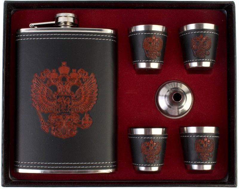 7Trees Coat of arms Russian Coat of Arms Stainless Steel/Faux Leather 9 Oz/266 ml with 4 Shot Glasses and 1 Funnel - Hip Flask  (266 ml)