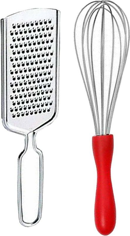 JISUN Stainless Steel Plastic Handle Whisk, Beater, Egg Whisker & Fruit and Vegetable Grater, Cheese Grater, Coconut Grater Kitchen Tool Set  (Silver, Grater, Whisk)