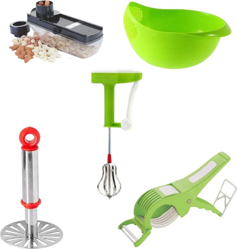 pSmart Kitchen Tool Combo Set 2 in 1 Veg Cutter Power Free Hand Blender,Rice BowL,Bhaji Masher (Steel),Dry Fruit Slicer, Multicolor Kitchen Tool Set  (Multicolor, Cutter, Masher, Slicer, Blender)