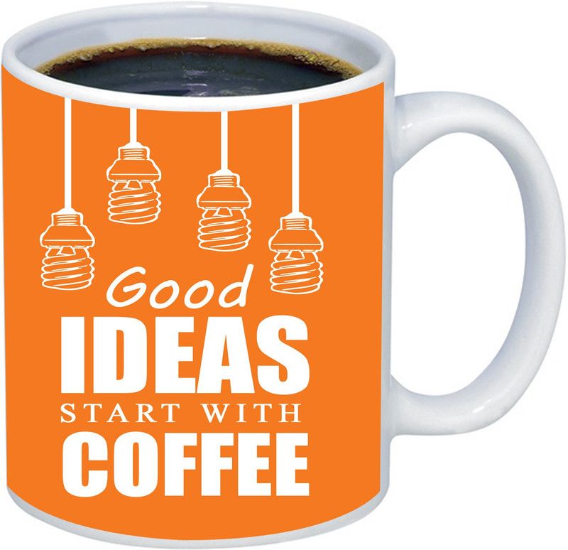 ADITI Designs Good IDEAS Start With Coffe Symbol Printed on Solid Orange Designer Ceramic Coffee Mug  (325 ml)