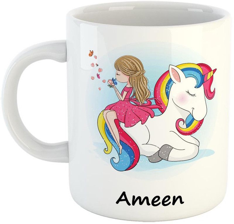 Furnish Fantasy Unicorn Ceramic Coffee - Best Happy Birthday Gift for Daughter, Sister, Gift for Kids, Return Gift , Name - Ameen Ceramic Coffee Mug  (350 ml)