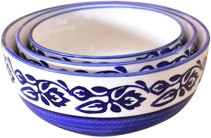 Kunhar Ceramic Mixing Bowls - 1500 ML, 800 ML And 600 ML, 3 Pieces, Blue Ceramic Dessert Bowl  (Blue, White, Pack of 3)