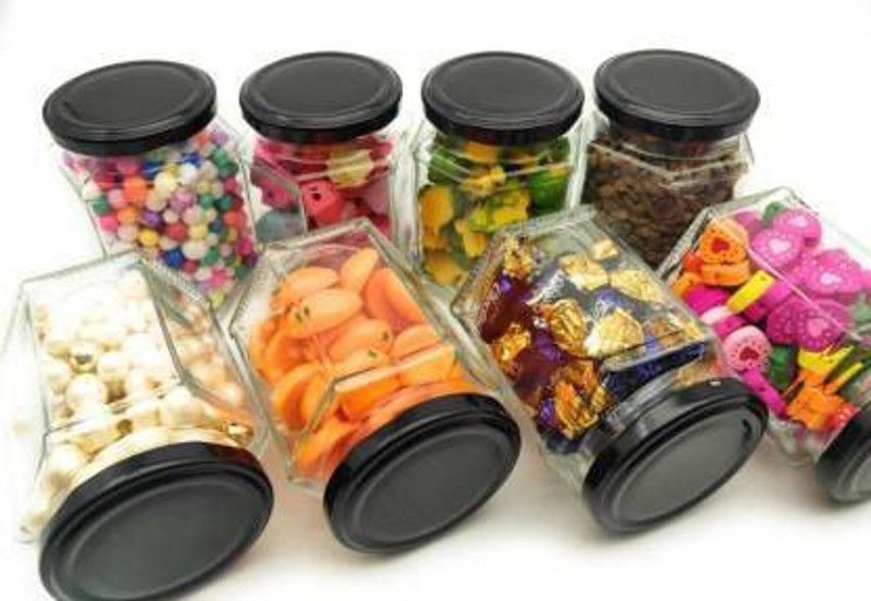 GLASSBAR HEXAGON JAR BLACK 8 - 250 ml Glass Grocery Container  (Pack of 8, Clear)
