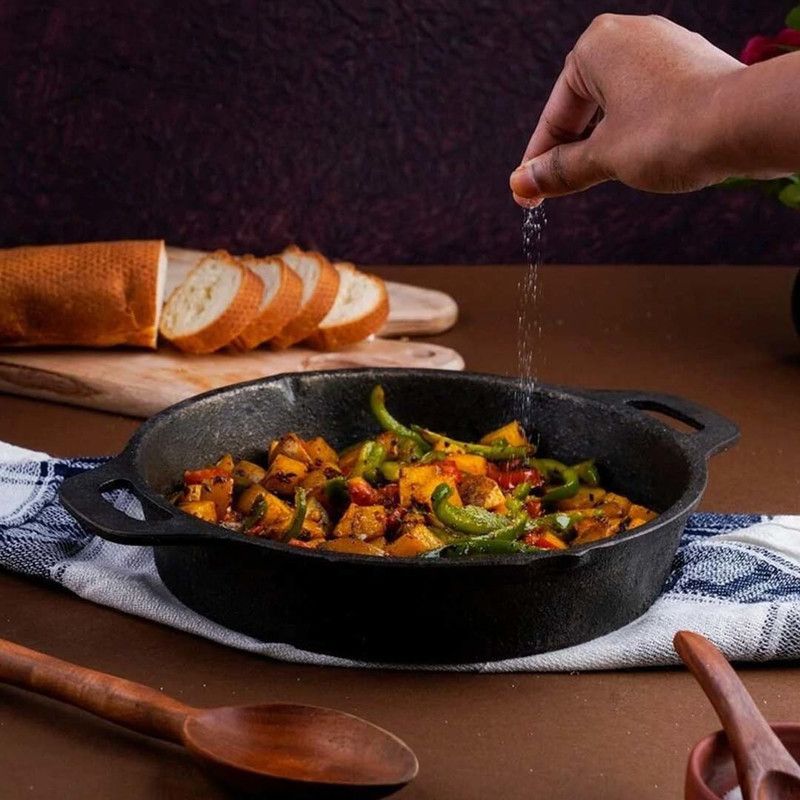 The Indus Valley Pre-Seasoned Cast Iron Skillet with Double Handle Fry Pan 24.7 cm diameter 1.8 L capacity  (Cast Iron, Induction Bottom)