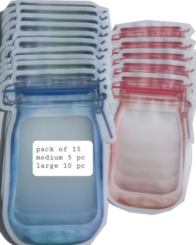 manas impex Jar Shaped Food Graded Stand Up Plastic Pouch with Zipper Zip lock jar shape pouch Pack of 15 (10 pcs large and 5 pcs medium) Plastic Storage Pouch  (Pack of 15)