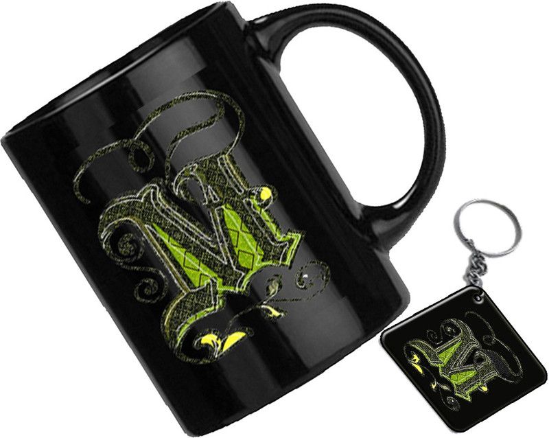 CHARMING Letter "M" Printed Ceramic Black Coffee And Keychain Combo Pack of 2 Ceramic Coffee Mug  (330 ml)
