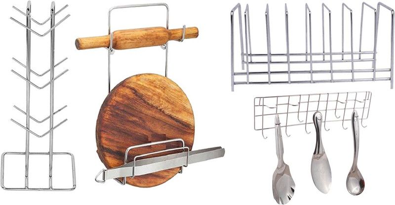 Chakla Belan Stand & Cup Stand & Plate Stand & ladle Stand / Hook Rail Utensil Kitchen Rack  (Steel)