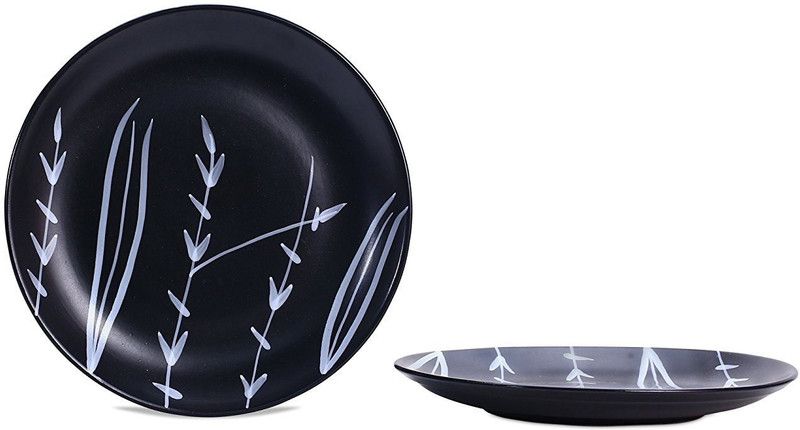 caffeine Ceramic Handmade Black Bamboo 10 inch Dinner Plate  (Pack of 2, Microwave Safe)