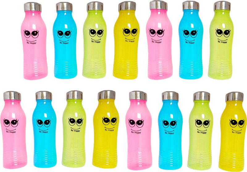 Kartual Birthday Return Gift In Bulk | Steel Cap Smiley Be Happy Water Bottle (15 Pcs) 500 ml Bottle  (Pack of 15, Multicolor, Plastic)