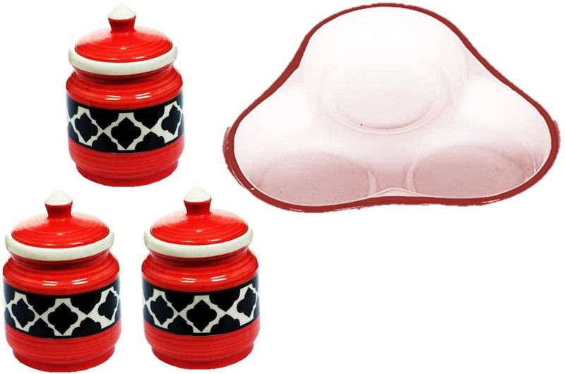 JMD ARTS N DESIGNS - 200 ml Ceramic Pickle Jar  (Pack of 3, Red)