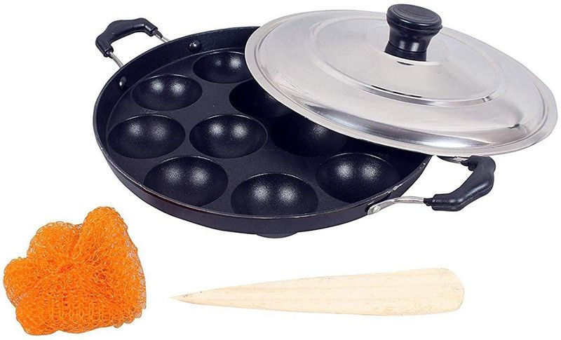 LINASHA 12 Cavities Appam Pan|Patra(Cake Maker/Idli Maker) Paniarakkal with Lid 1 L capacity 18 cm diameter  (Aluminium, Non-stick)
