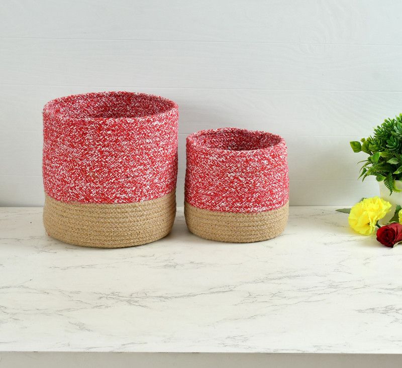 LaVichitra Cotton Braided Cotton Baskets | Storage Bins Organizer | Laundry, Toys & Planter Basket- Set of 2 (8, 6 Inch) Storage Basket  (Pack of 2)
