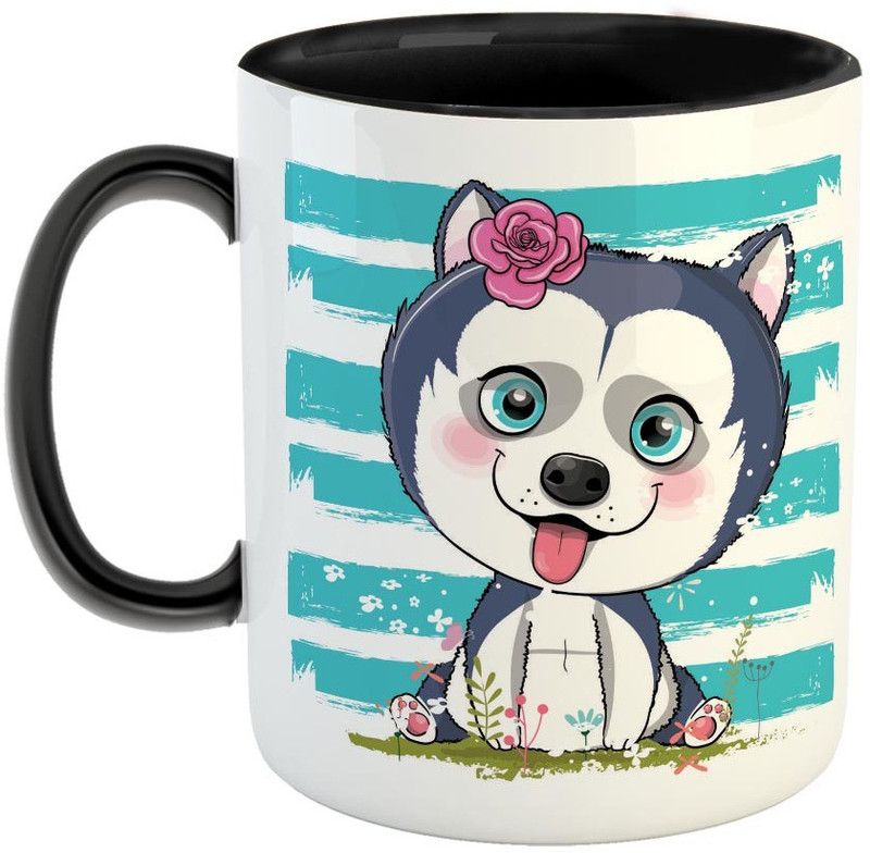 Furnish Fantasy Cute Husky Puppy Ceramic Coffee - Best Gift for Kids / Dog Lovers - Color - Black (0912) Ceramic Coffee Mug  (350 ml)