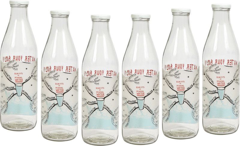 Agile Printed Designer Italian Freeze Safe Air Tight Flip Cap Clear Glass Water, Milk And Juice Bottle (1000 Ml) ,Pack Of 6 1000 ml Bottle  (Pack of 6, Multicolor, Glass)