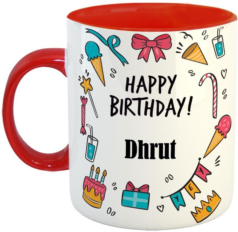 Furnish Fantasy Best Personalised Gift for Birthday, Red, Name - Dhrut Ceramic Coffee Mug  (350 ml)