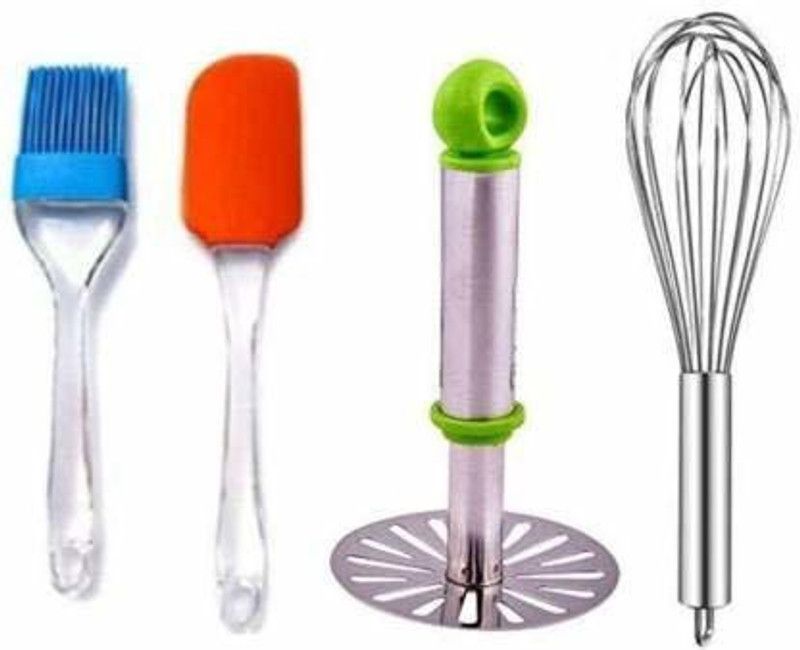 Innovegic Combo Pack of Multipurpose Non-Stick Heat Resistance Silicone Spatula, Cooking Oil Brush, Seamless & Flexible Egg Whisker and Stainless Steel Potato Masher Kitchen Tool Set  (Multicolor, Spatula, Brush, Masher, Whisk)