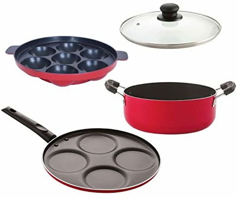 NIRLON Nonstick Aluminium Combo Set(Appam-7|Uttapam-4|Casserole|1 Glass Lid) Non-Stick Coated Cookware Set  (Aluminium, 4 - Piece)