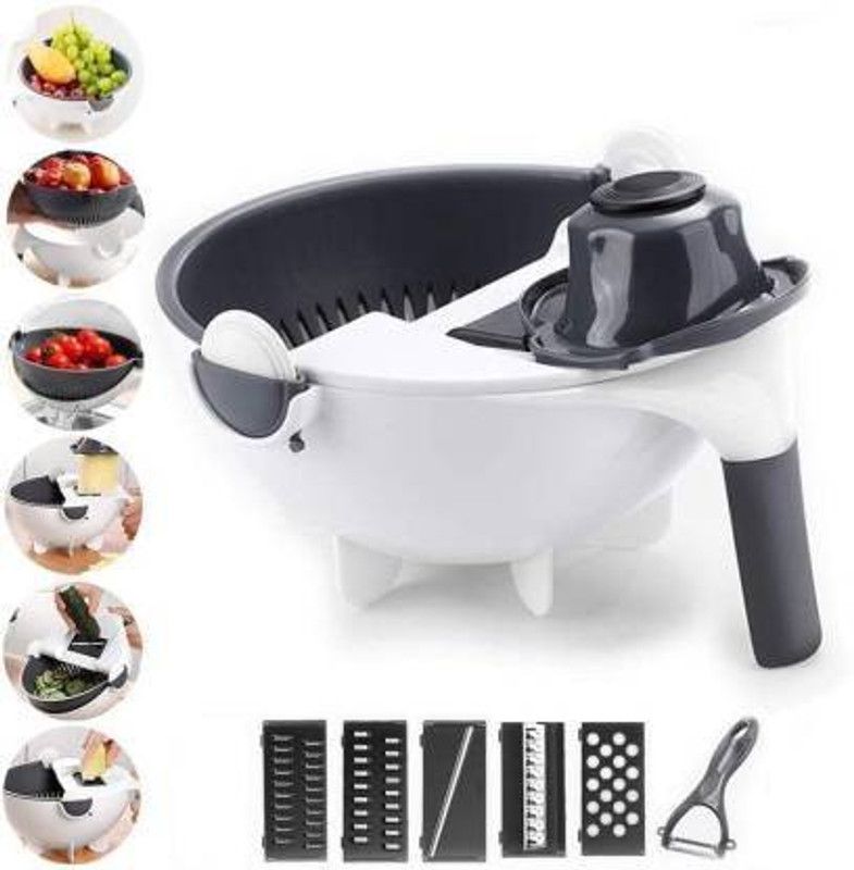 PRL TRADERS by PRL TRADERS Multi-Functional 9 in 1 Vegetable Grater Julienne Slicer Fruits Colander Drainer Basket with Safety Guard for Home Kitchen Chopper  (1)