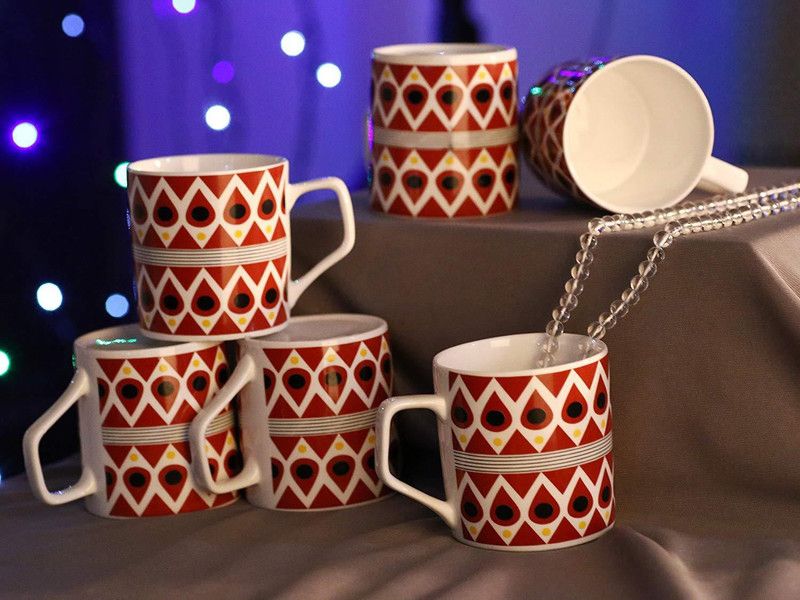 Femora Bone China Classical Red Pattern Microwave Safe Tea Cup & Coffee Bone China Coffee Mug  (190 ml, Pack of 6)