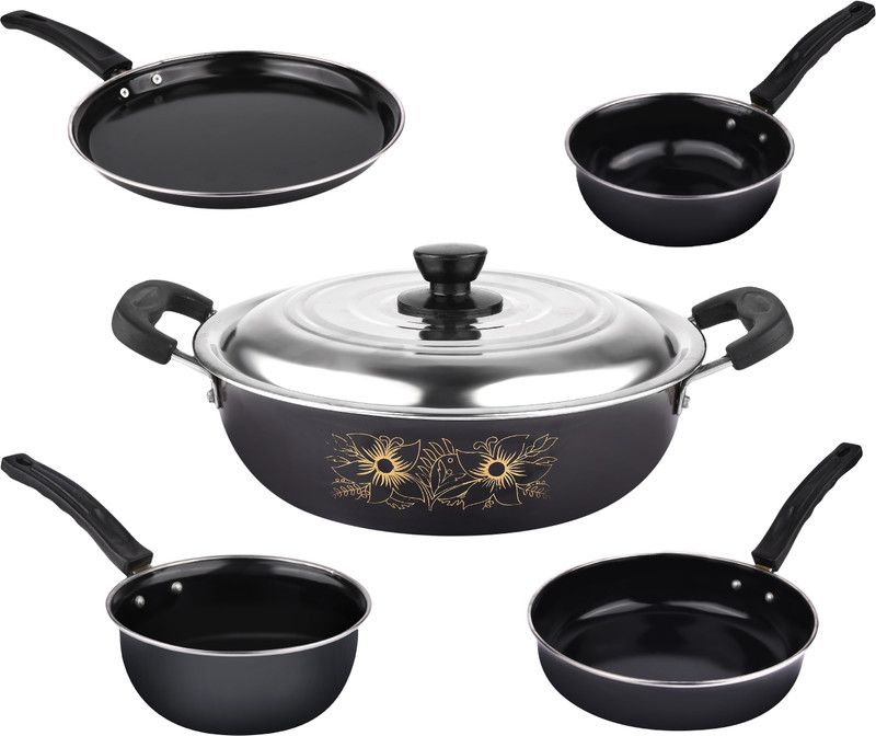 Kashvi Nonstick Cookware Set of 5pc, Kadhai(With Lid) Frypan,Sauce Pan,Tadka Pan & Tawa Induction Bottom Non-Stick Coated Cookware Set  (Cast Iron, Iron, 5 - Piece)