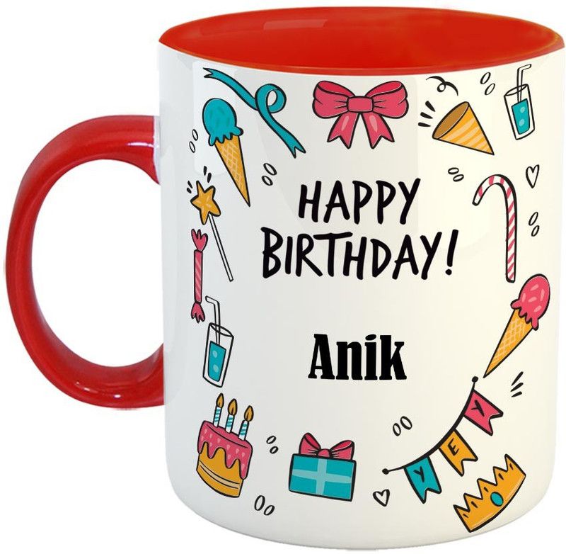 Furnish Fantasy Best Personalised Gift for Birthday, Red, Name - Anik Ceramic Coffee Mug  (350 ml)