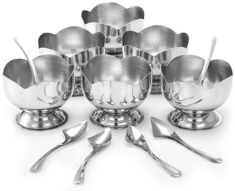 Stainless Steel Ice Cream Bowl Salad Fruit Pudding Cup with Cut Design Dessert Spoon Bowl Dinner Set