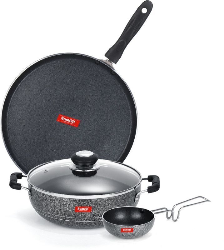 Sumeet NonStick Volafotsy Cookware Set (Dosa Tawa - 26.5Cm Dia + Kadhai With Glass Lid -2Ltr - 22Cm Dia + Waghariya / Tadka pan - 190Ml - 10Cm Dia) Non-Stick Coated Cookware Set  (Aluminium, 4 - Piece)