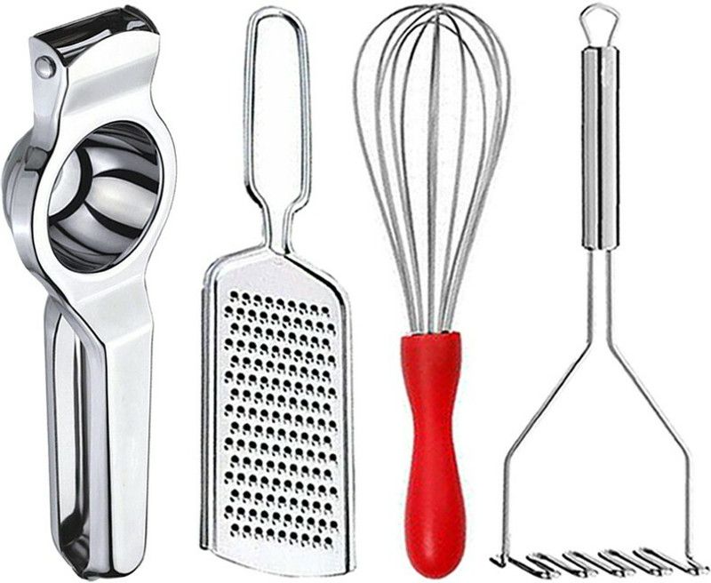 OC9 Stainless Steel Lemon Squeezer & Egg Whisk & Potato Masher & Chesse Grater Kitchen Tool Set  (Silver, Masher, Grater, Juicer, Whisk)