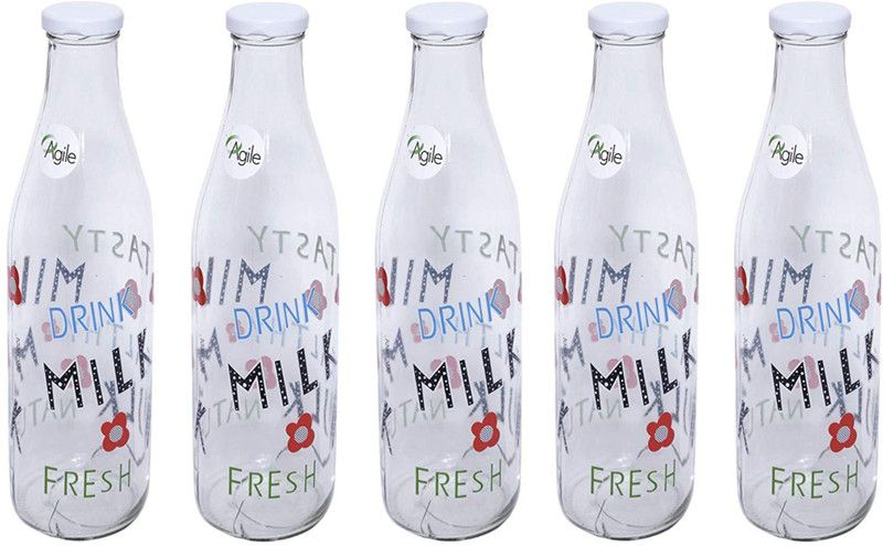 Agile Printed Italian Freeze Safe Air Tight Flip Water Milk bottle 1000 ml Bottle  (Pack of 4, Multicolor, Glass)