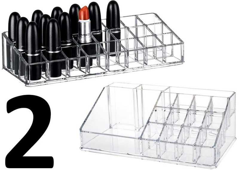BKENTERPRISE7 16 Compartment Storage Stand + 24 Cosmetic Stand For Makeup Jewellery Cosmetic ETC. - 1000 ml, 700 ml Plastic Utility Container  (Pack of 2, Clear, Silver)