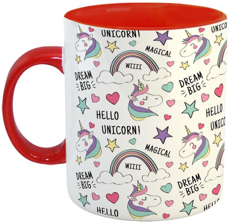 Furnish Fantasy Hello Unicorn - Dream Big Ceramic Coffee - Best Birthday Gift for Daughter, Sister, Unicorn Lover - Color - Red (0709) Ceramic Coffee Mug  (350 ml)