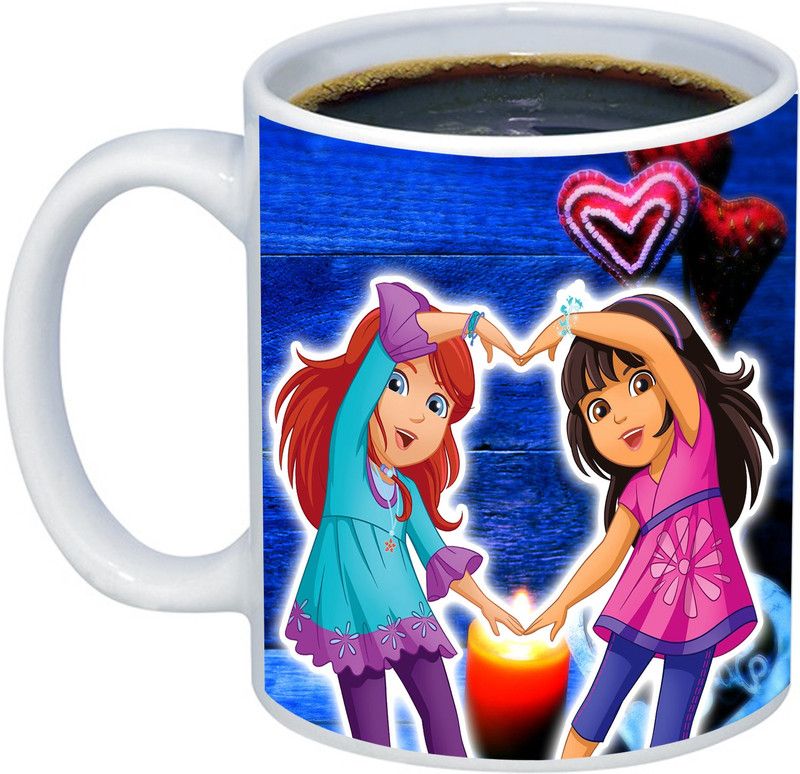 ADITI Designs Friends Forever two Crazy Girl On Colourful background theme Ceramic Coffee Mug  (350 ml)