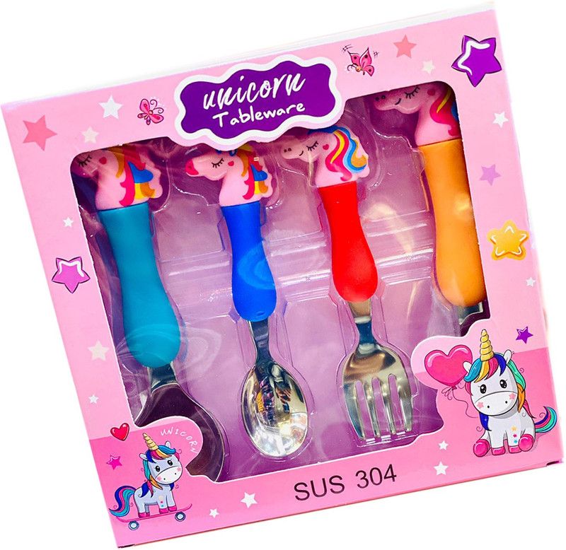 ESAANVIKA SUS304 Unicorn Spoon & Fork Set Plastic, Steel Cutlery Set Stainless Steel, Plastic Cutlery Set  (Pack of 4)