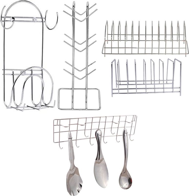 Stainless Steel Chakla Belan Stand & Cup Stand & Plate Stand & Hook Rail Utensil Kitchen Rack  (Steel)